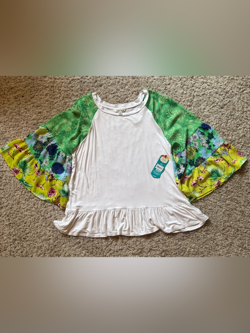 Pioneer Woman White Peplum Top with Green & Yellow Floral Bell Sleeves, size XL